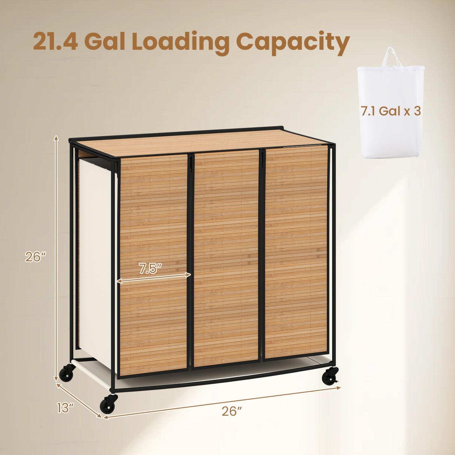 3-Section Laundry Hamper with Lid and Wheels - 21.4 Gal