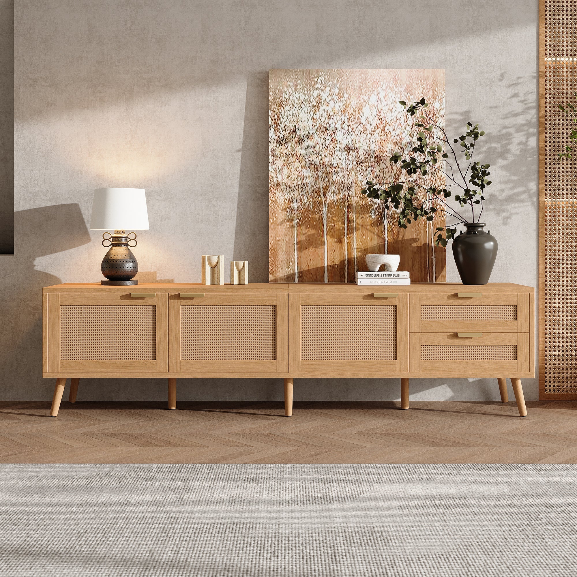 70 Inch Modern TV Stand with Rattan Doors for TVs up to 80"
