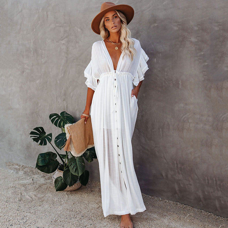 New Bamboo Cloth Button Waist Rope Long Skirt Cardigan Vacation Beach Jacket Sun Protection Clothing Long Skirt Bikini Cover-Up for Women