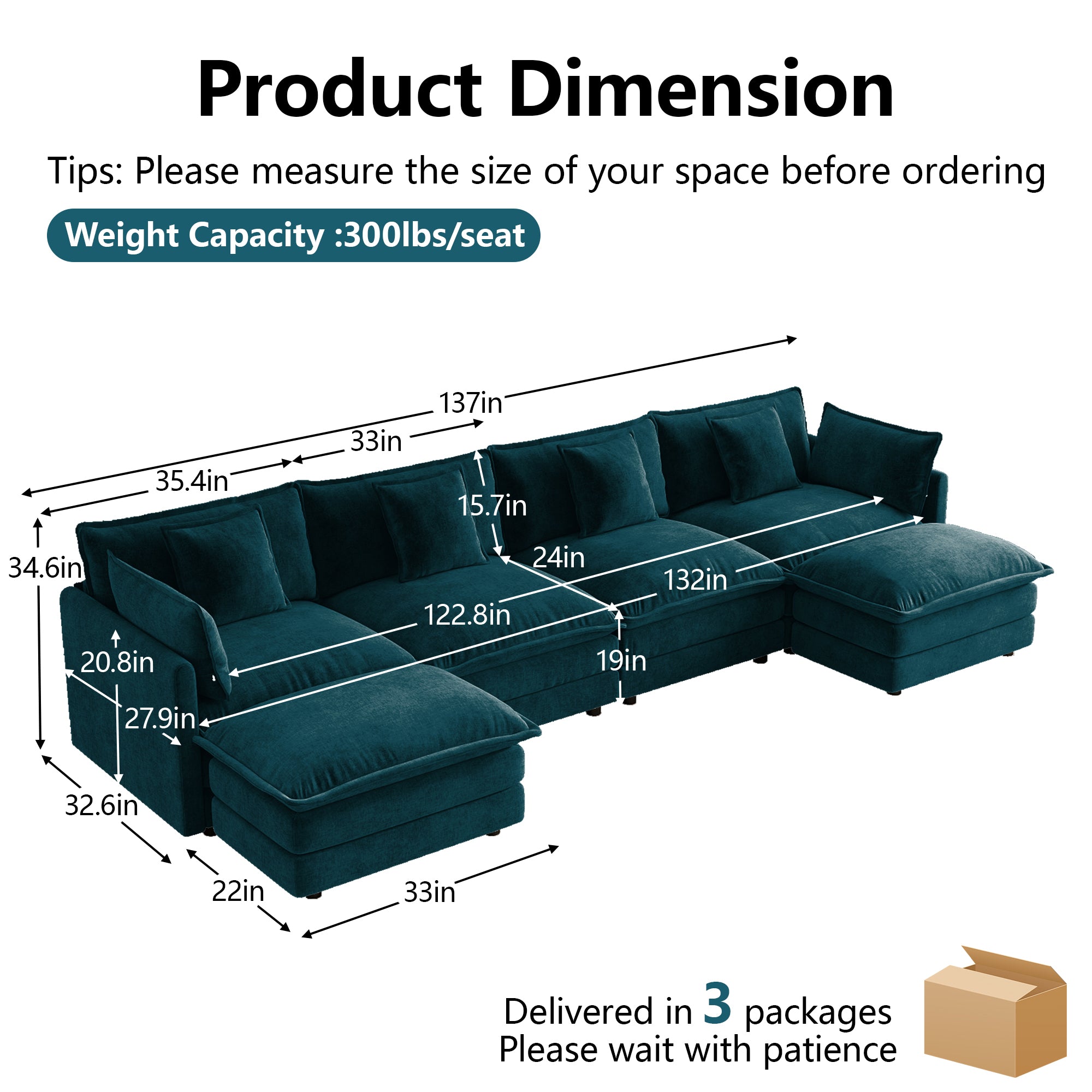Oversized U Shape Sofa with 2 Ottomans
