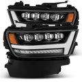 AlphaRex 19-20 Ram 1500HD NOVA LED Proj Headlights Plank Style Gloss Blk w/Activ Lght/Seq Signal/DRL 880516 *Discontinued