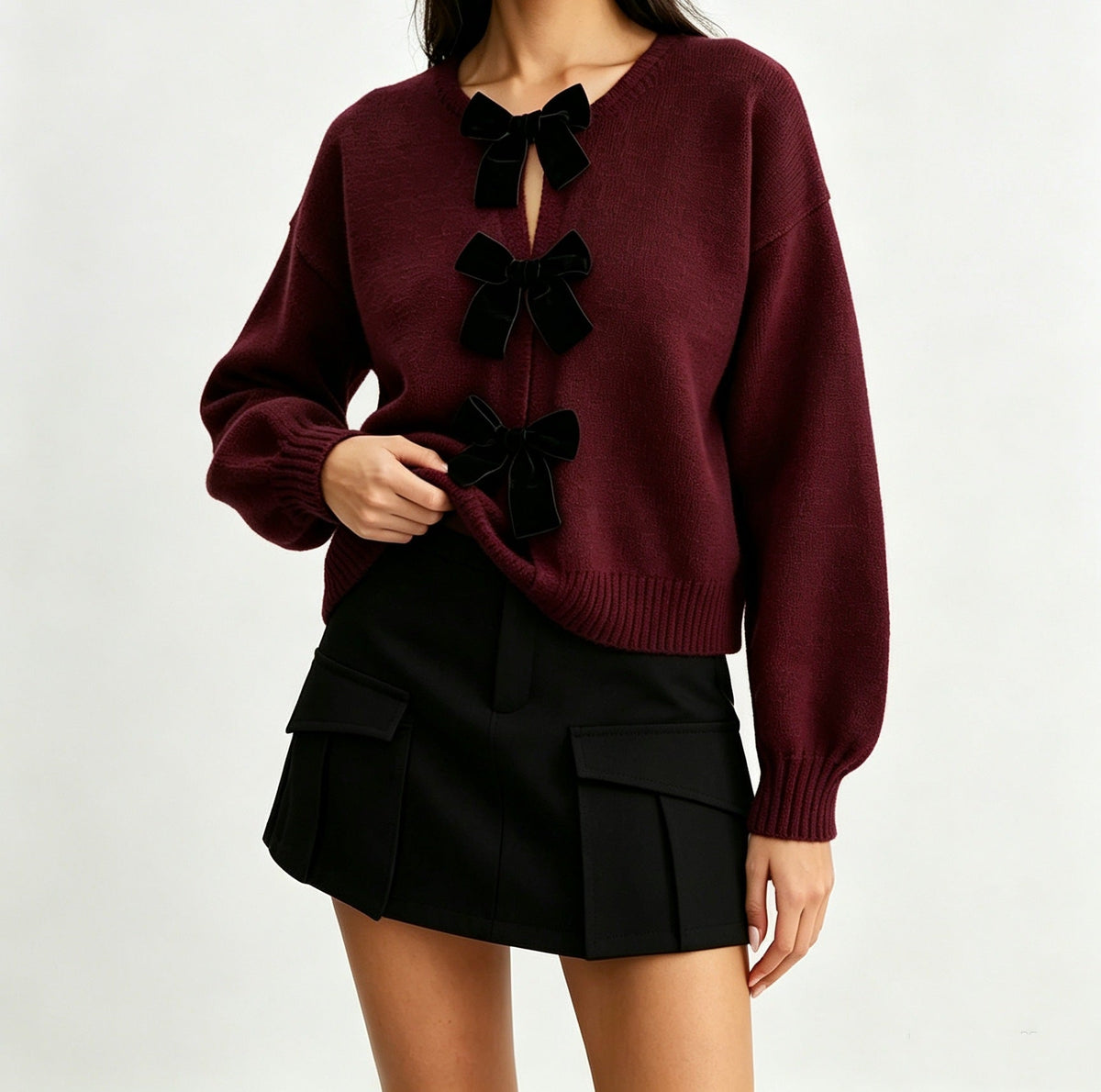 2026 Autumn Cross Border French Retro Bow Sweater Cardigan Round Neck Knitted Coat Women's Top