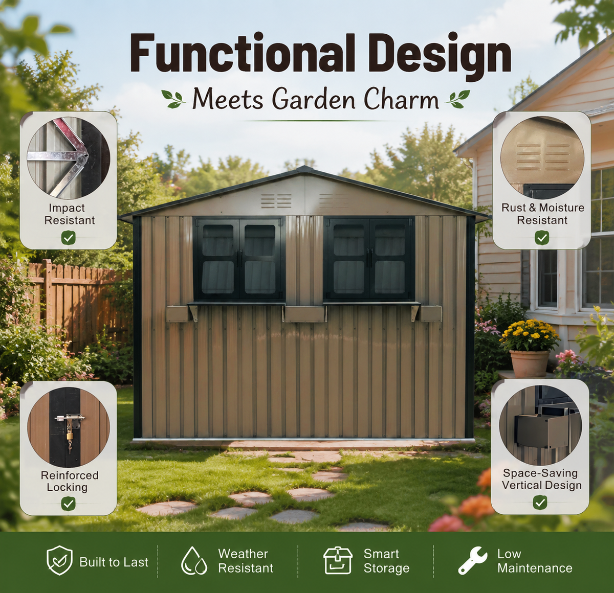 9x6 FT Outdoor Metal Storage Shed with Window & Flower Rack