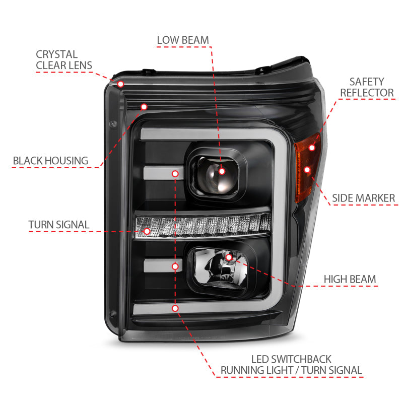 ANZO 2011-2016 Ford F250 Projector Headlights w/ Plank Style Switchback Black w/ Amber 111406