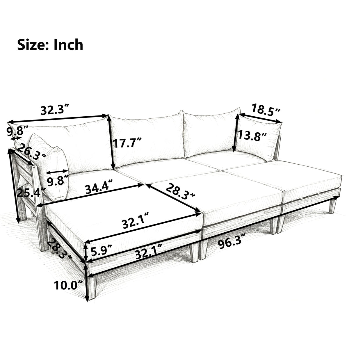 TOPMAX Outdoor Large 96.3" W Daybed Acacia Wood 6-Piece Patio Sofa Set