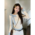 Light Blue Long-sleeved Blouse With A Bow For Women
