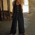 Summer New European-style Wide-leg Jumpsuit For Women, Sleeveless, Buttoned Pockets, Relaxed Fit, Casual Strap Pants.