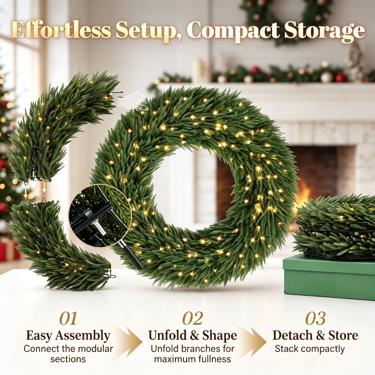 48 Inch Artificial Norfolk Pine Christmas Wreath, Pre-Lit with LED Lights