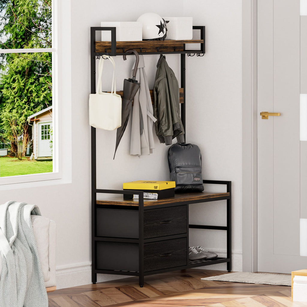 33.1" Wide Hall Tree with 2 Movable Drawers and Shoe Storage