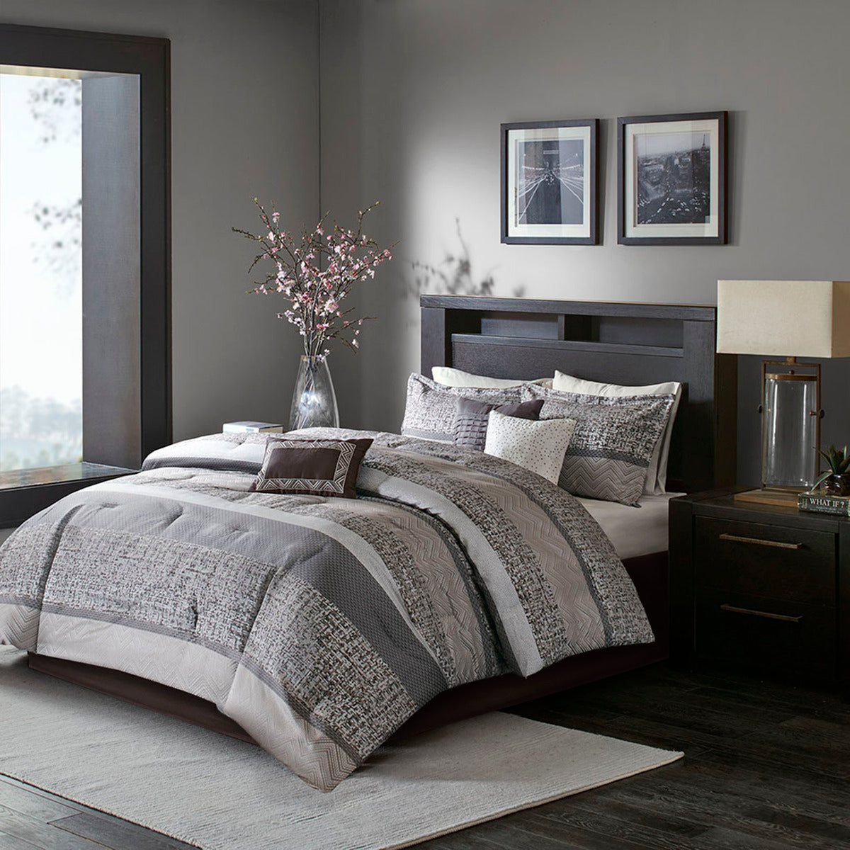 7 Piece Jacquard Comforter Set - Grey/Taupe - Queen