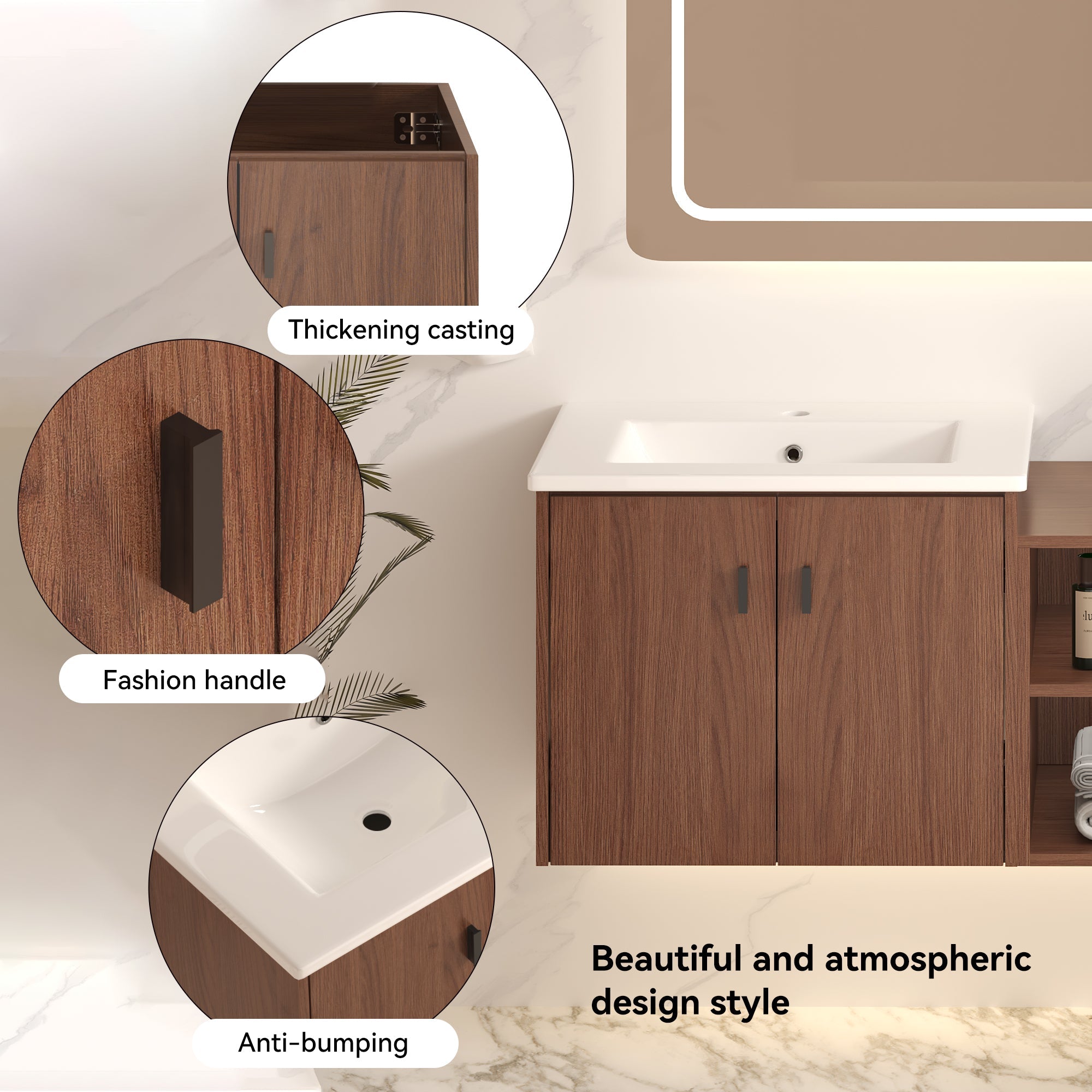60in Reddish Brown Bathroom Vanity with Soft Close Doors