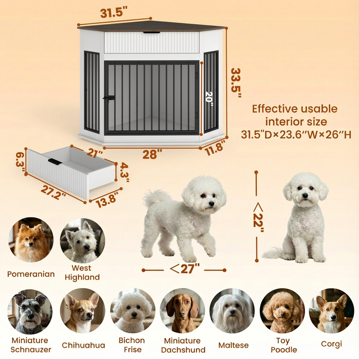 44.6'' Corner MDF Dog Crate Furniture for Small/Medium Dogs