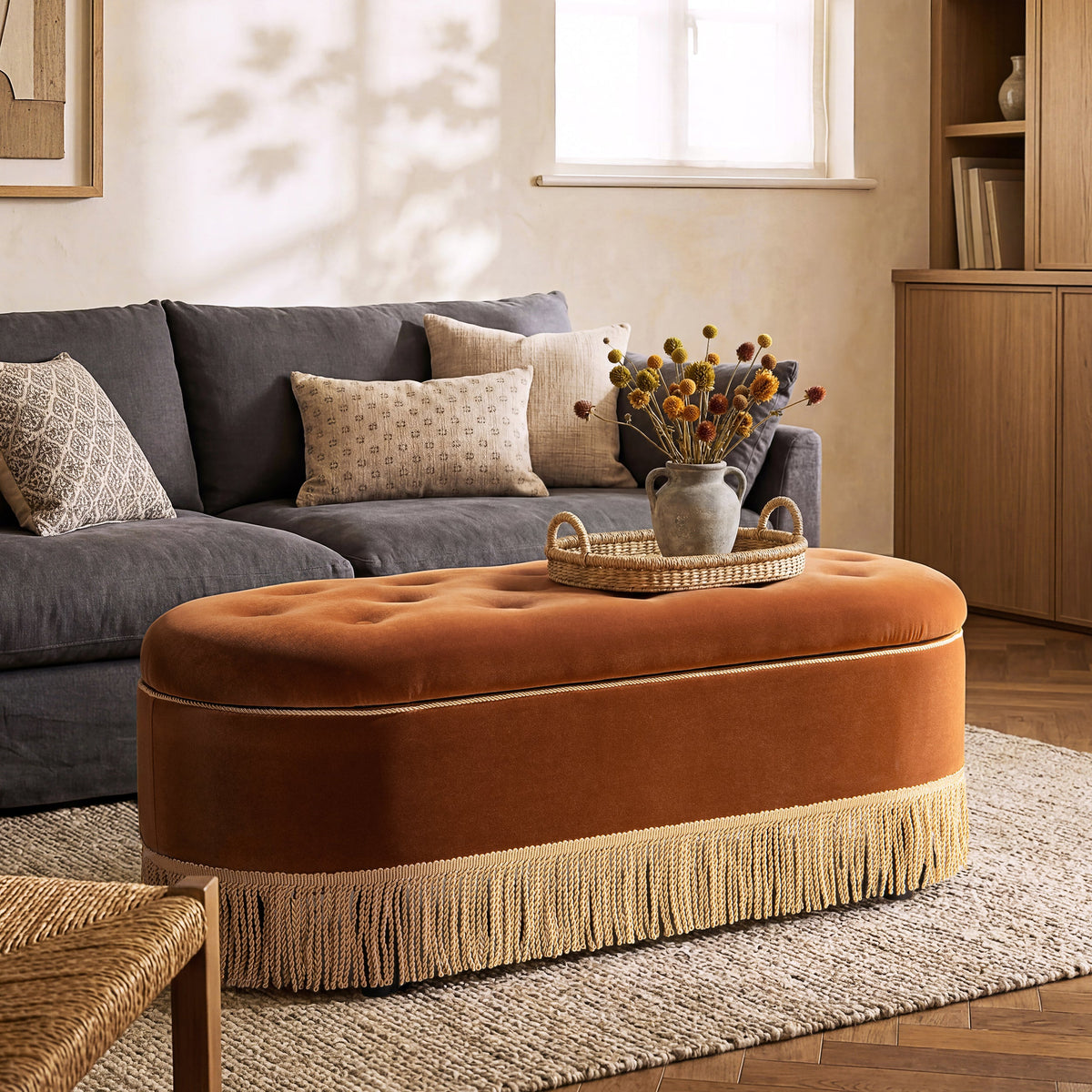 Melinda 48.5" Oval Tufted Bullion Fringe Storage Bench