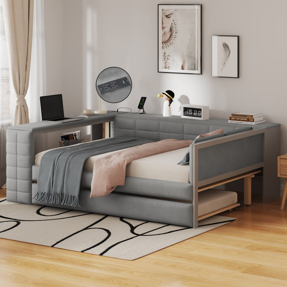 Full Size Upholstered Platform Bed with Storage Shelves, Desk, Charging Station and Trundle