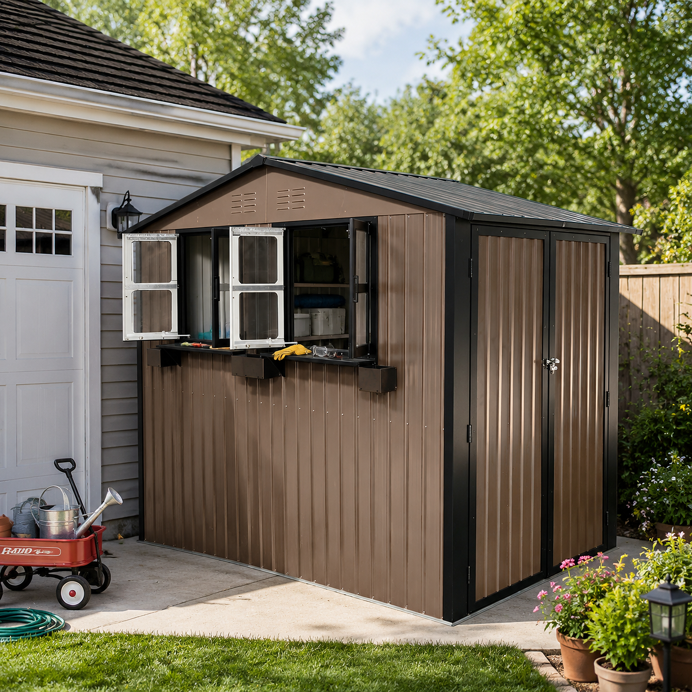 9x6 FT Outdoor Metal Storage Shed with Window & Flower Rack