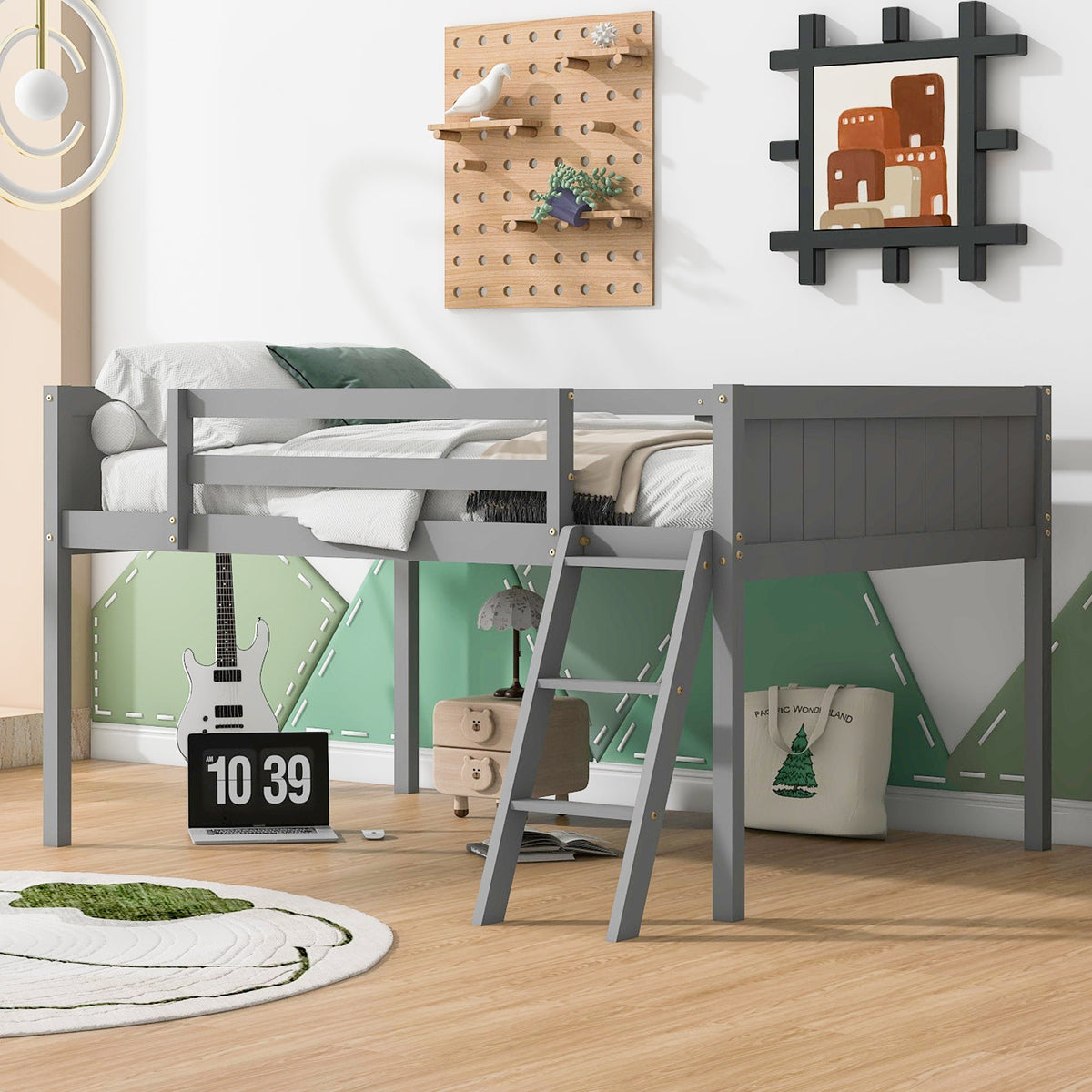 Full Size Wood Low Loft Bed with Ladder