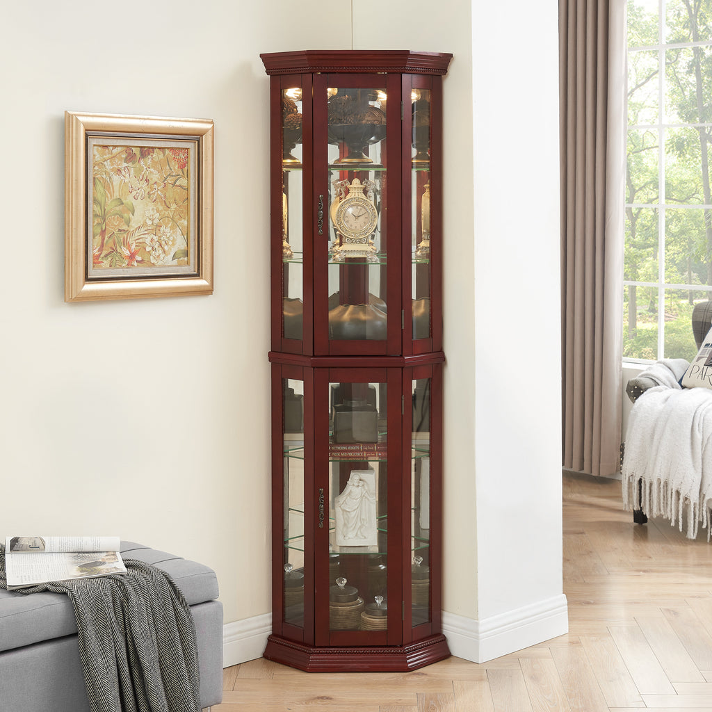 Corner Curio Cabinet with Lights and Adjustable Tempered Glass Shelves