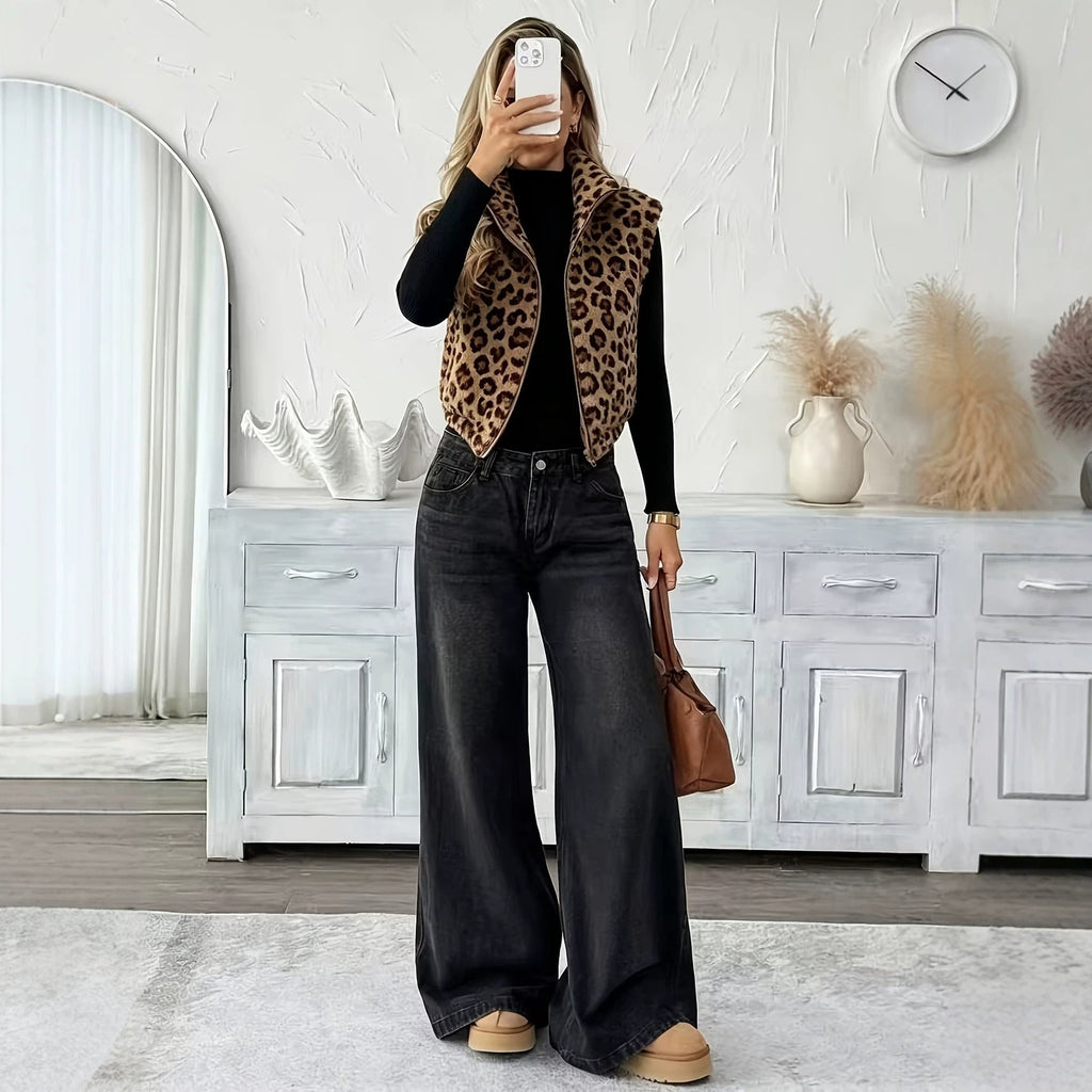 Leopard-print Sleeveless Vest Double-sided Fleece Jacket