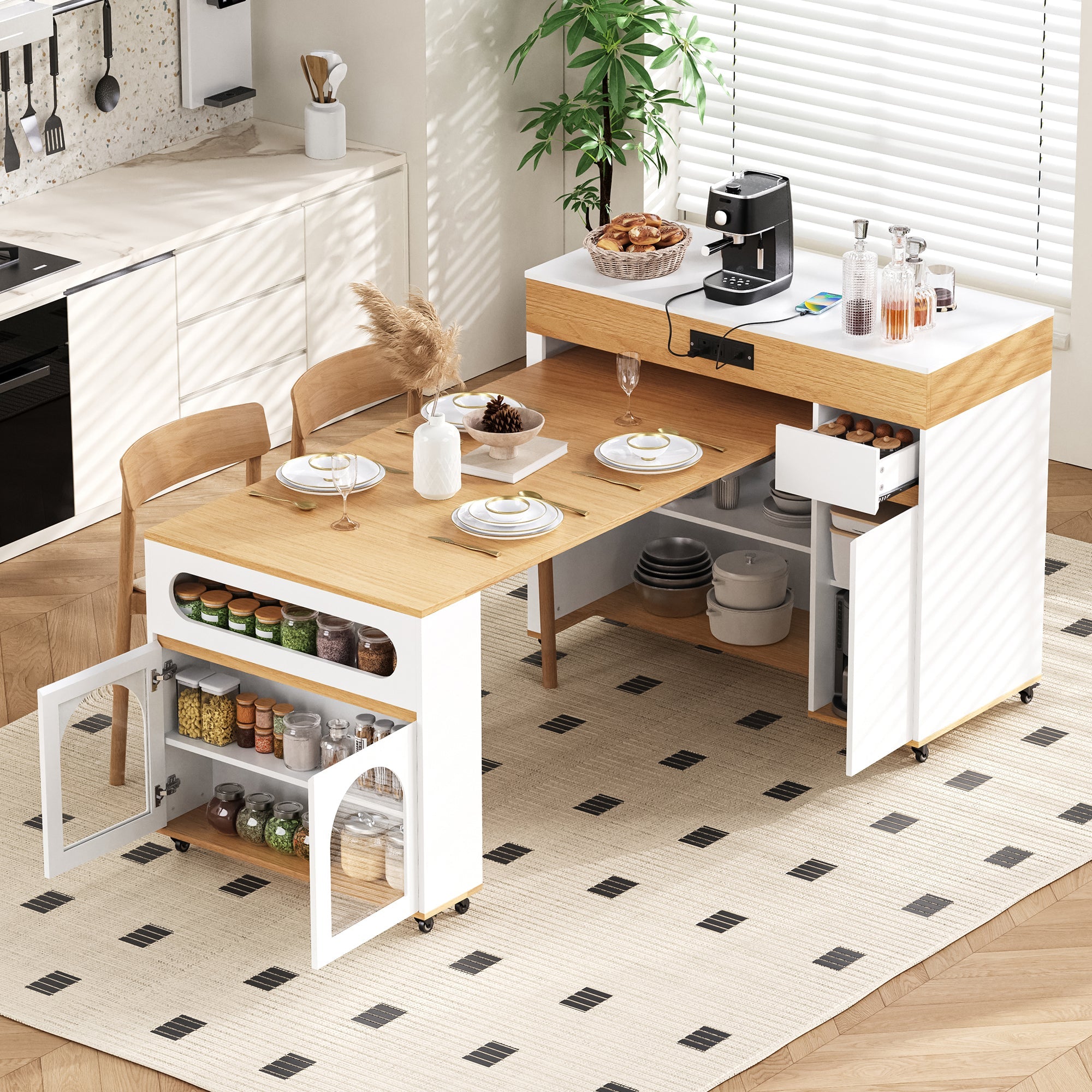 TREXM Extendable Dining Table with Storage and Power Outlet