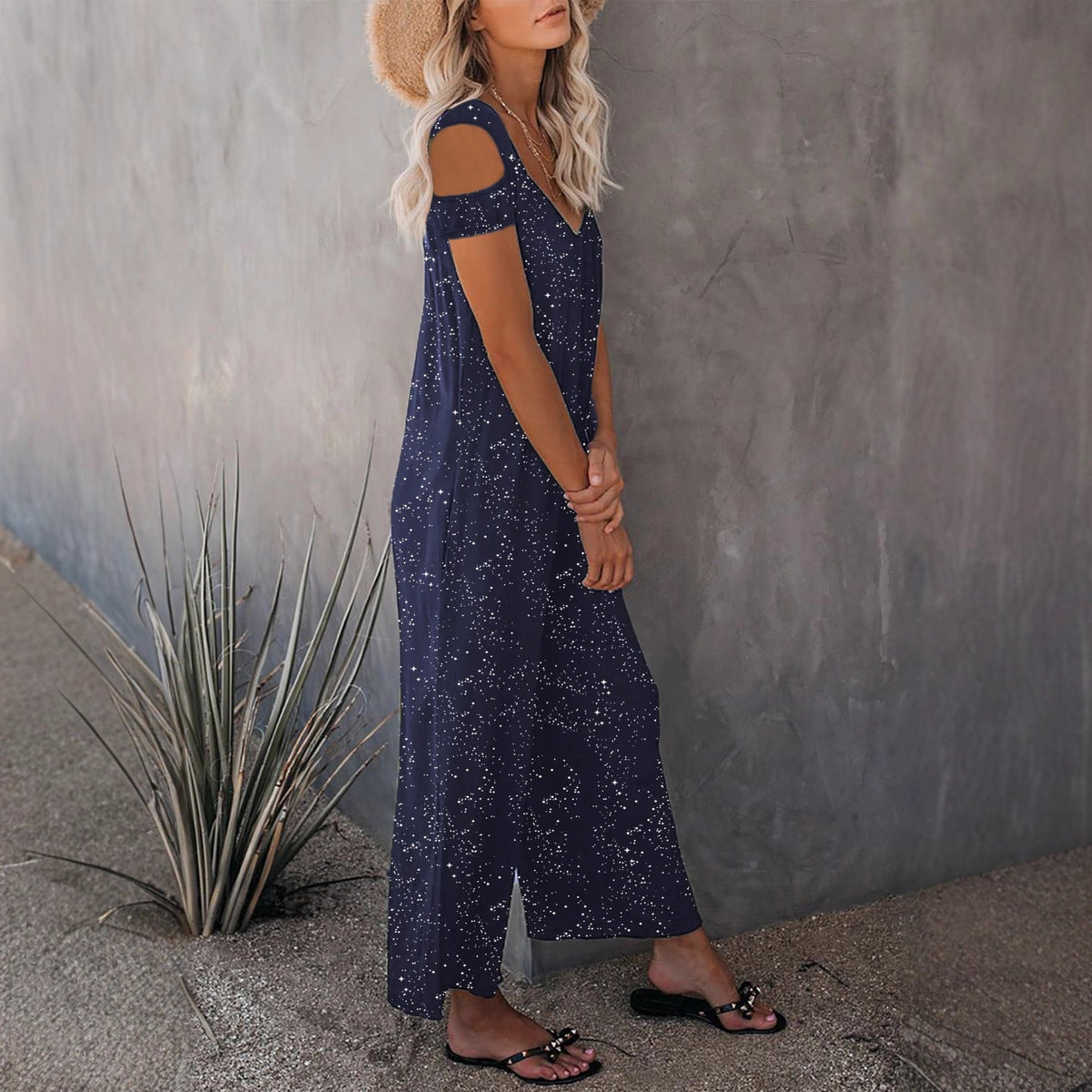 Fashionable Off-shoulder Sexy Powder-dusting Strap Jumpsuit With Long Pants