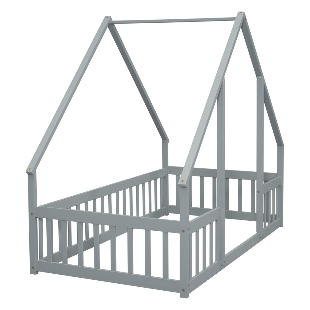 Twin Wood House-Shaped Floor Bed with Fence, Guardrails