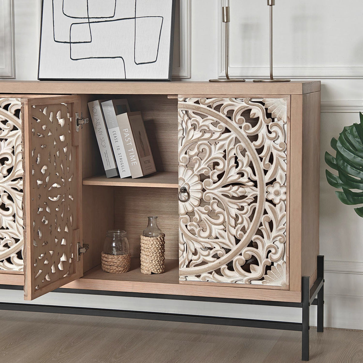 4 Door Wood Cabinet with Metal Base