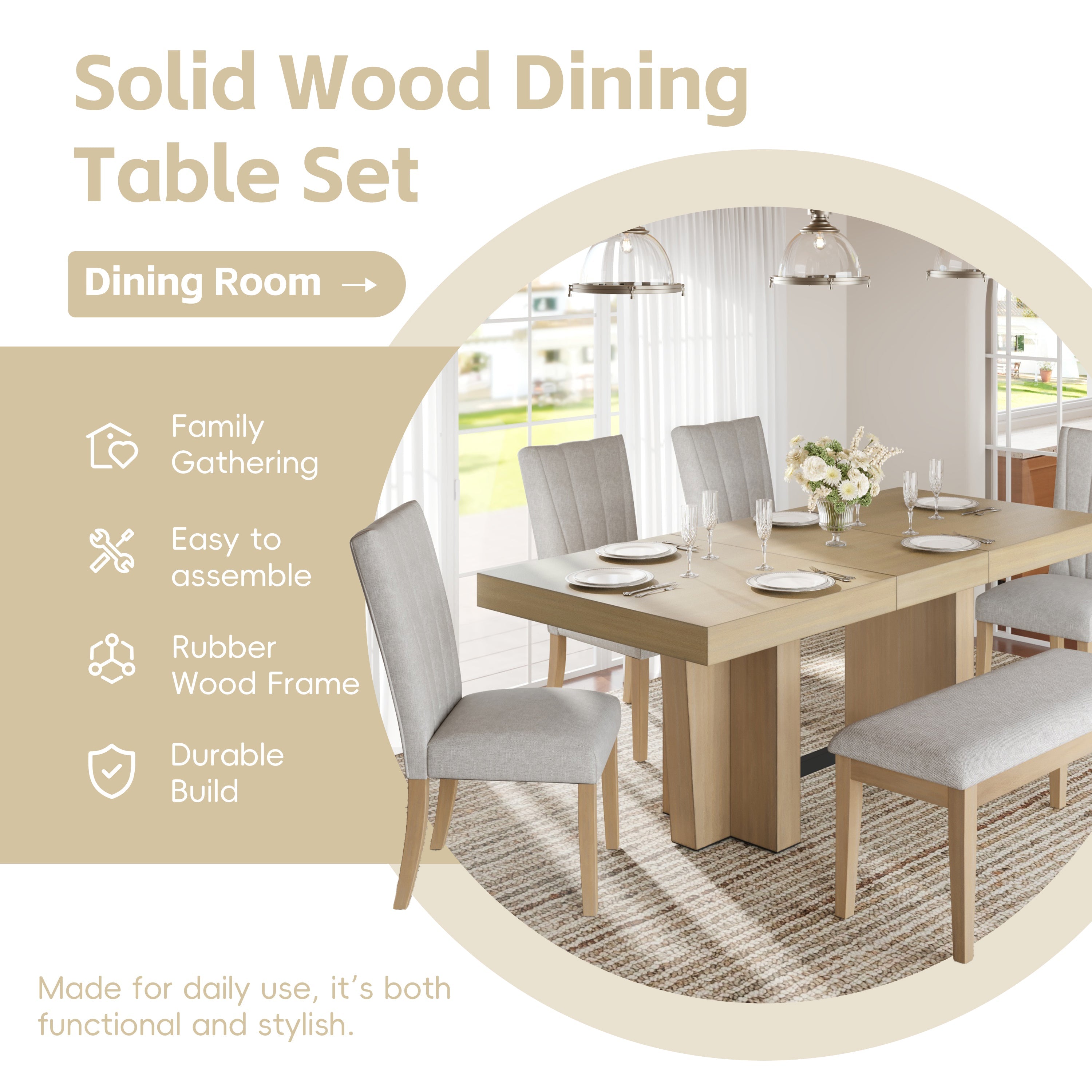 TOPMAX Farmhouse 76.0inch Extendable Wood Dining Table Set for 6