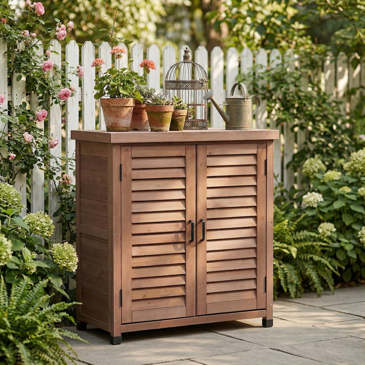 Potting Bench with Storage Cabinet and Metal Table Top