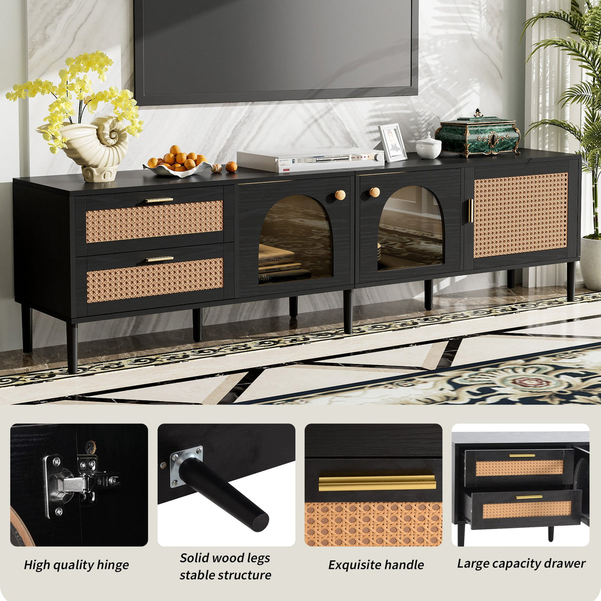 Rattan TV Stand with 3 Cabinets & 2 Drawers