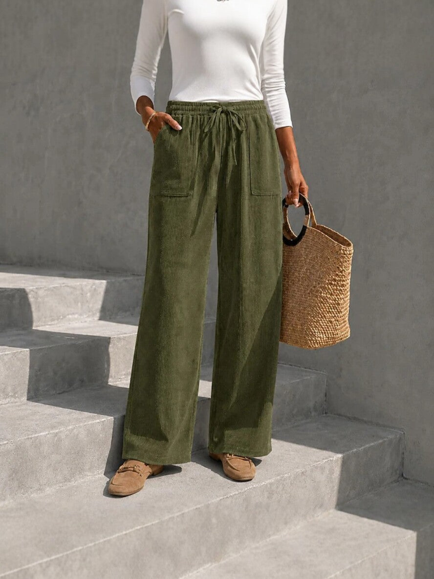 Autumn Winter European And American Cross-Border Women's Corduroy Wide Leg Pants With Elastic Waist And Drawstring, Loose Casual Long Pants