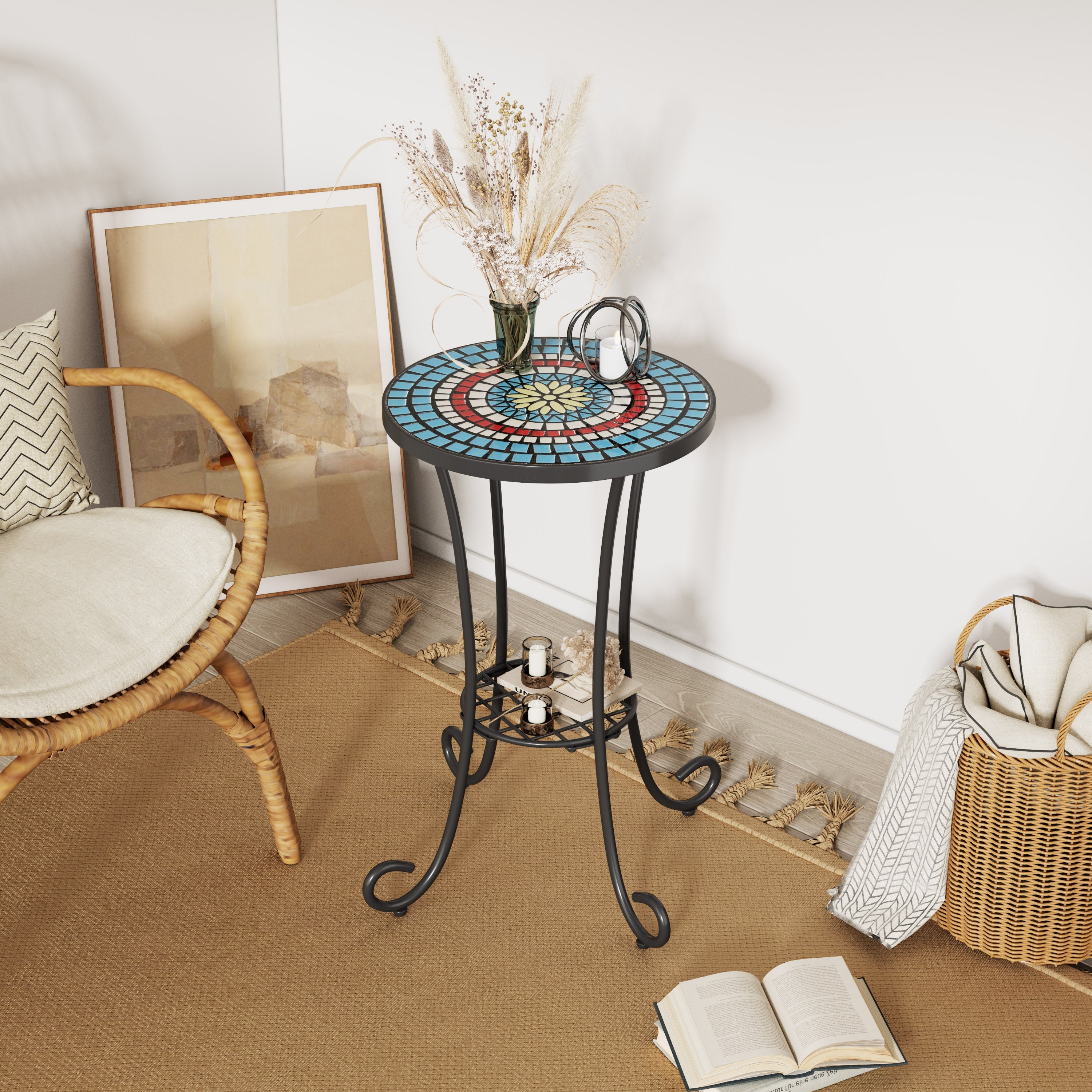 Patio Side Table with Shelf, Blue + Black