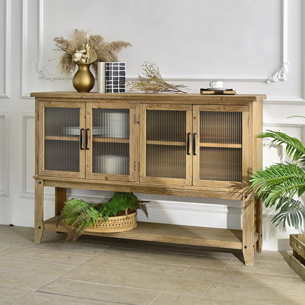 59.06" Rectangle Accent Glass Door Wooden Sideboard Cabinet