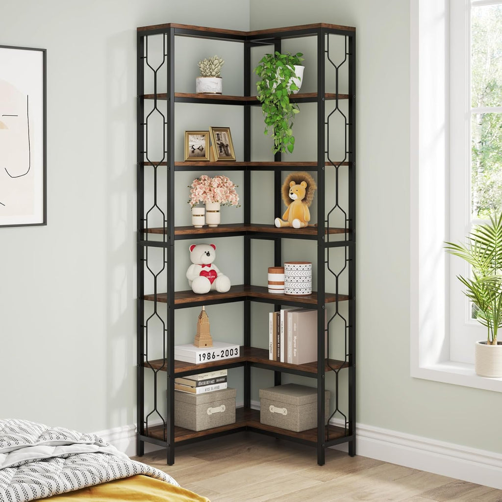 Stylish 7-Tier Industrial Corner Bookshelf