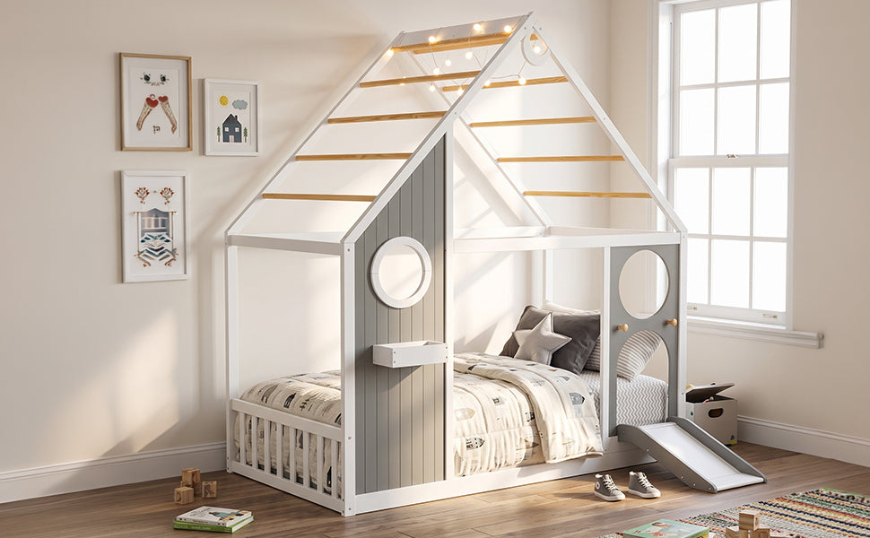 Twin House Bed with Slide, Ball Light Strip, Gray