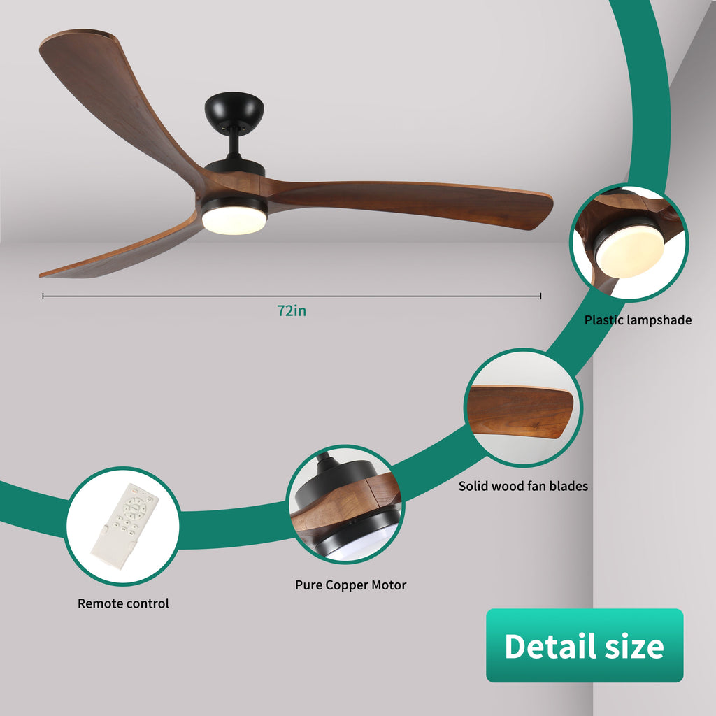 72 Inch Solid Wood Ceiling Fan with Lights and Remote Control