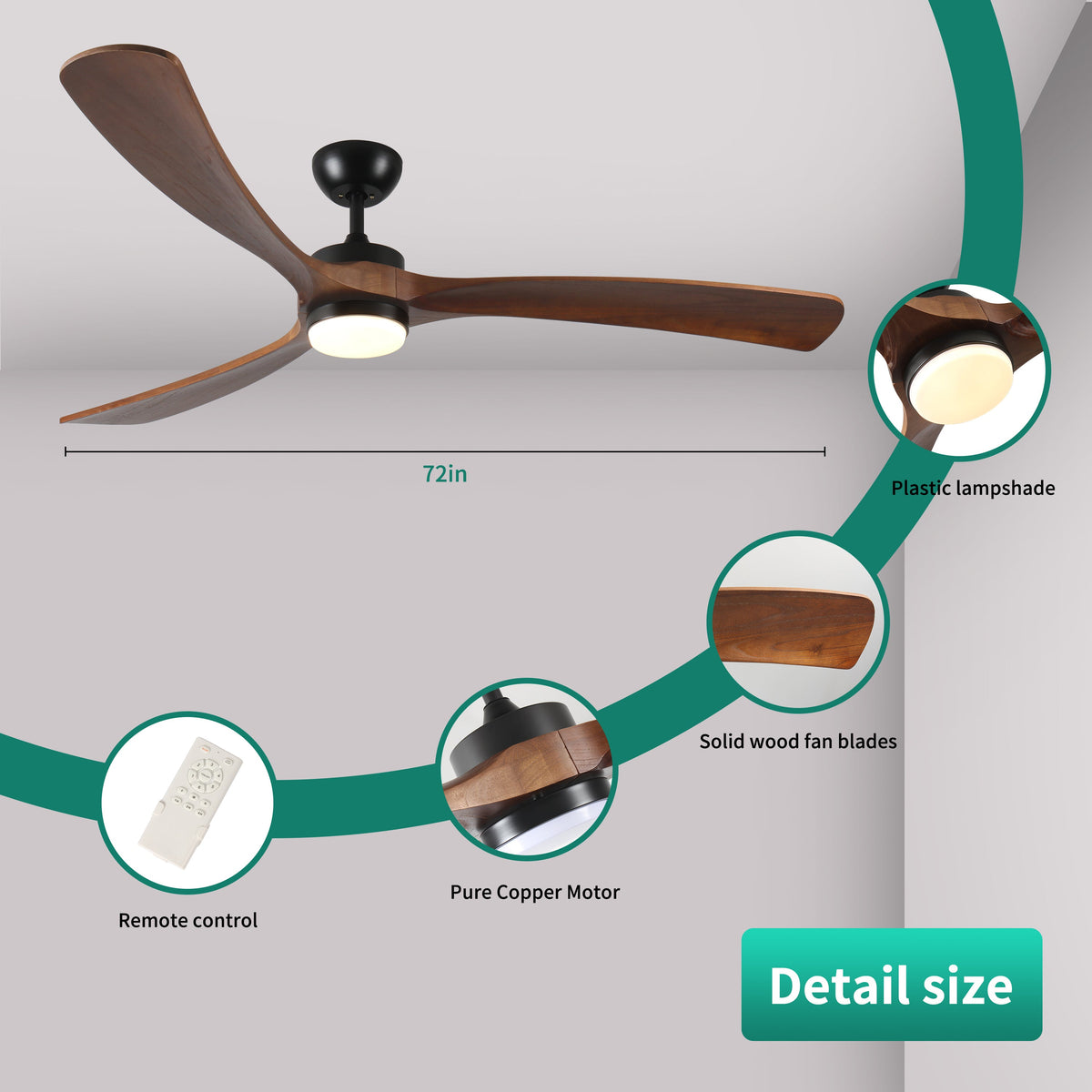 72 Inch Solid Wood Ceiling Fan with Lights and Remote Control