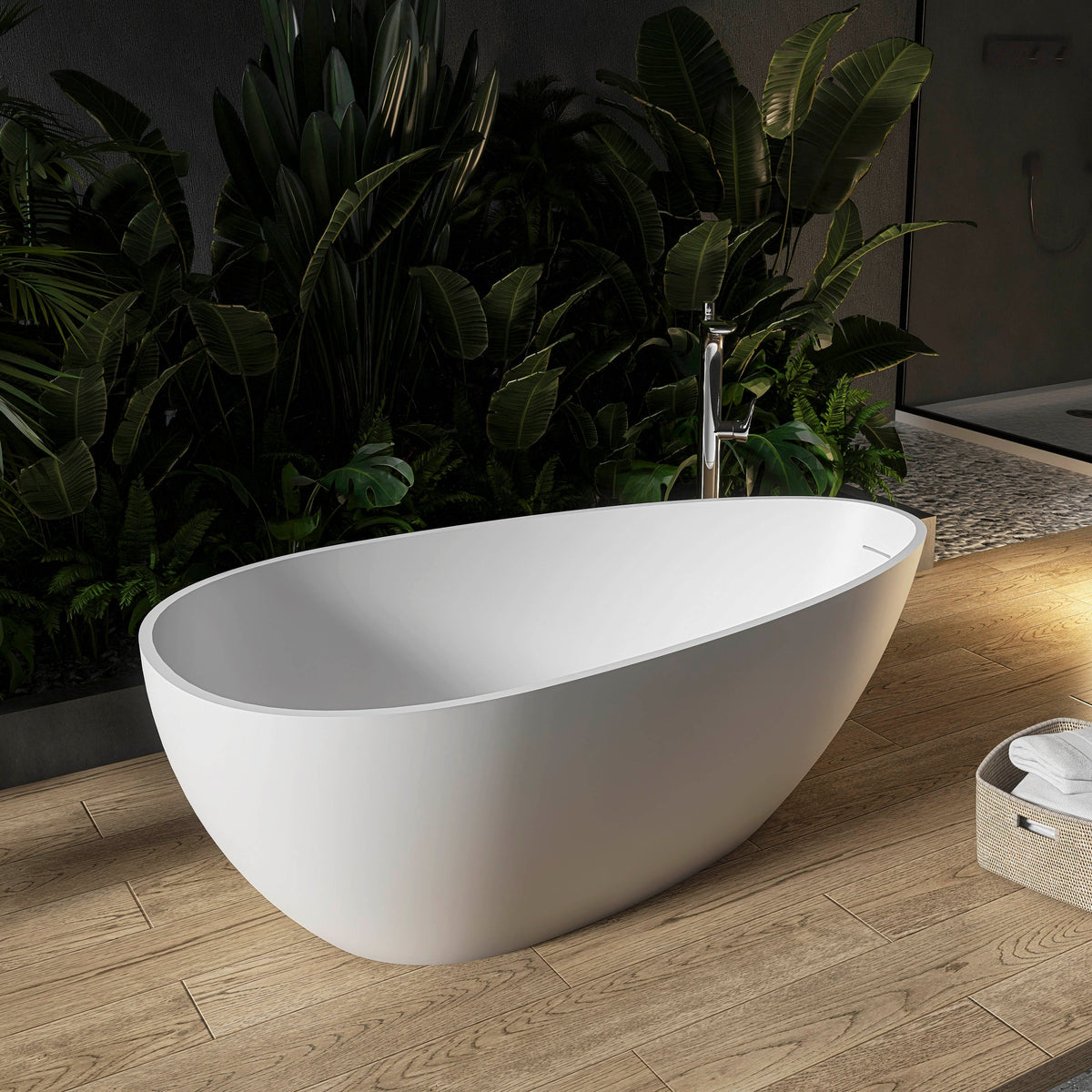 59 Inch Freestanding Egg Shape Solid Surface Bathtub