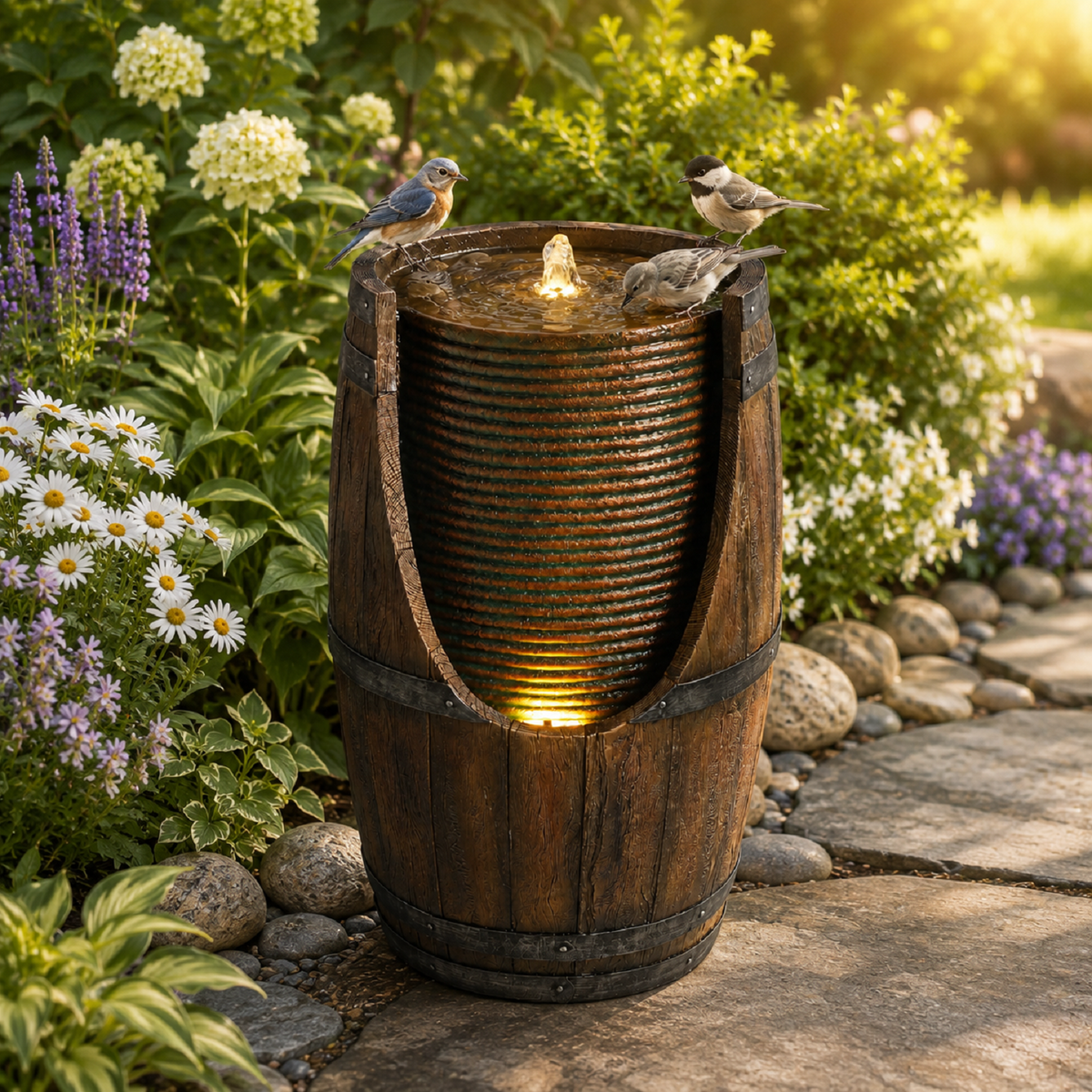 Outdoor Barrel Water Fountain with Lights