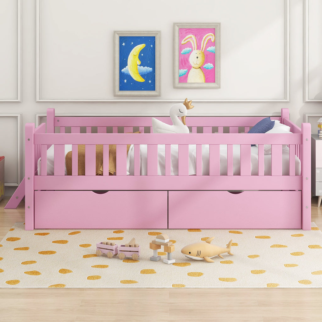 Wood Twin Size Platform Bed with Guardrail and 2 Drawers
