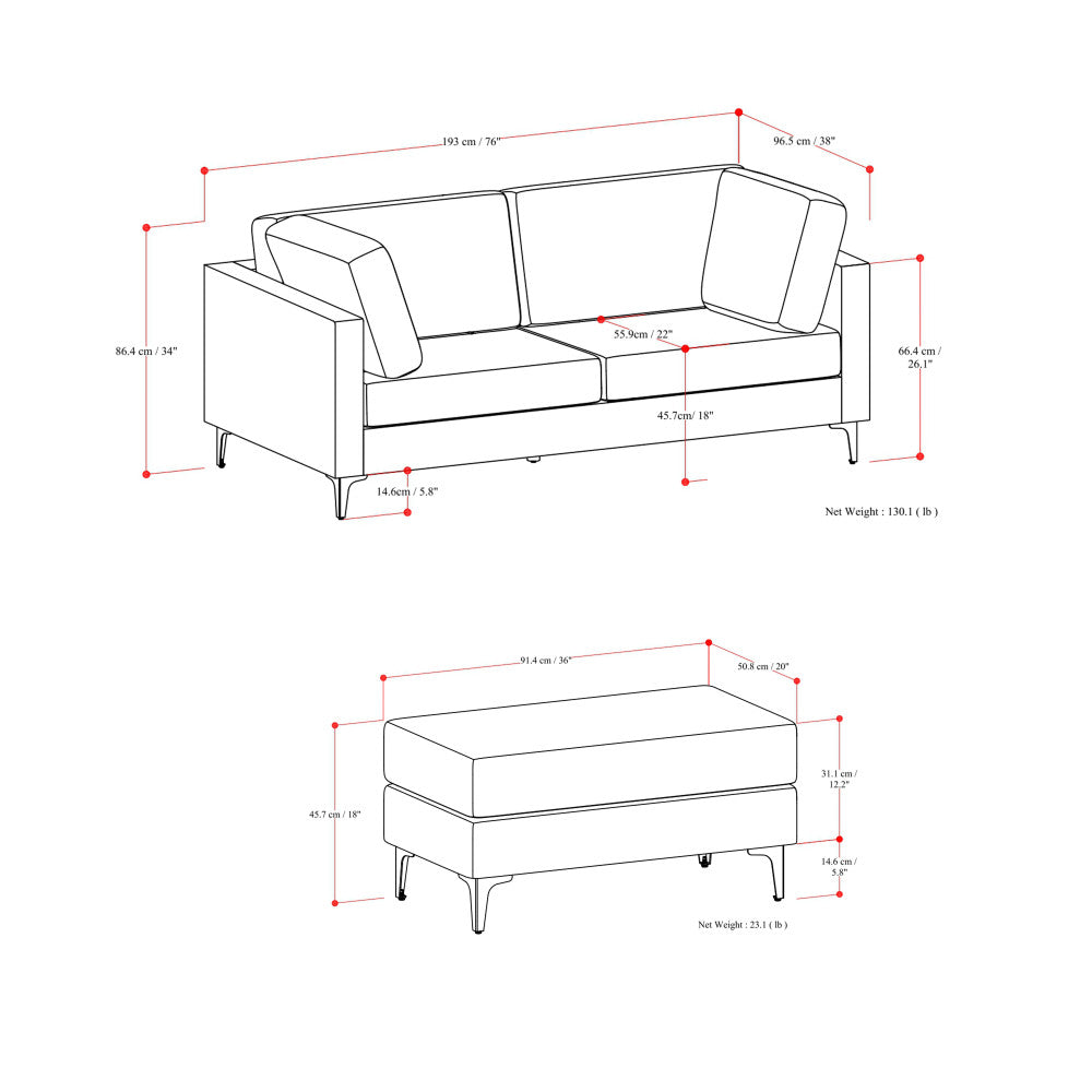 Ava 76 Inch Mid Century Sofa with Ottoman Set