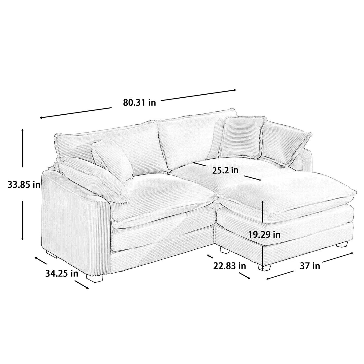 Corduroy Two-Seater Sofa with Ottoman