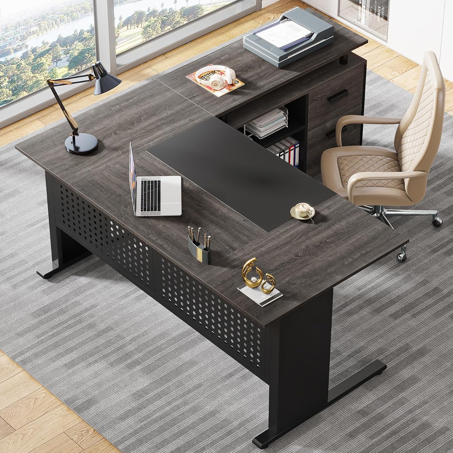 63" L-Shaped Executive Desk with File Cabinet