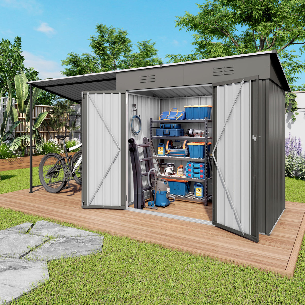 12x4ft Metal Lean to Shed with Open-Sided Pergola