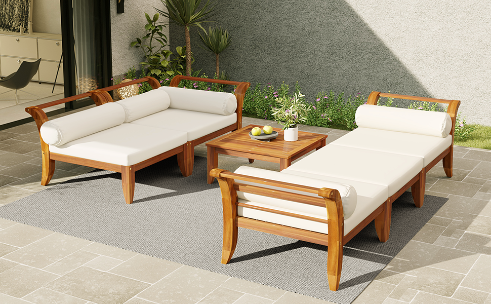 TOPMAX 6 Piece Patio Sofa Set - Acacia Wood Modular Sectional