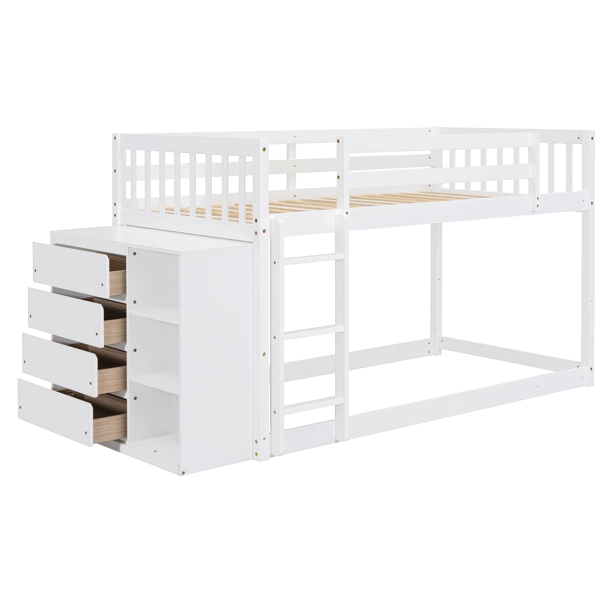 Twin Over Twin Bunk Bed with 4 Drawers and 3 Shelves - White