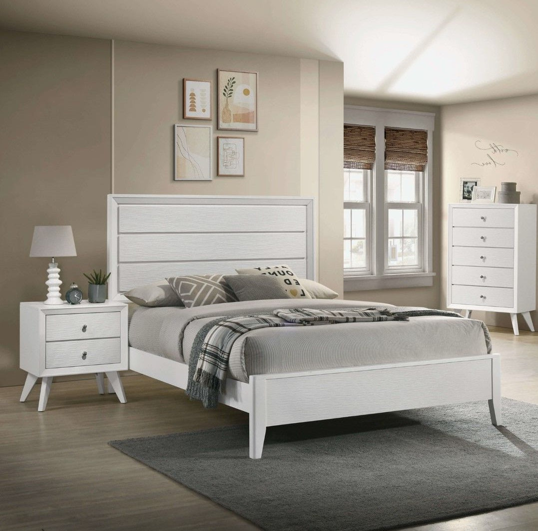 White King Size Bed 2x Nightstands Wave Texture Panel HB Bedroom Set
