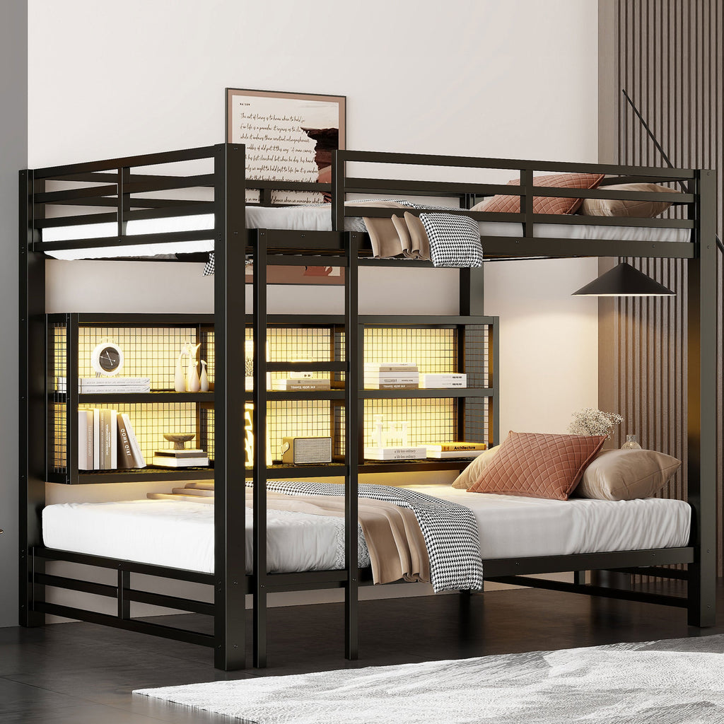 Metal Queen Over Queen Bunk Bed with Storage Cabinets and LED
