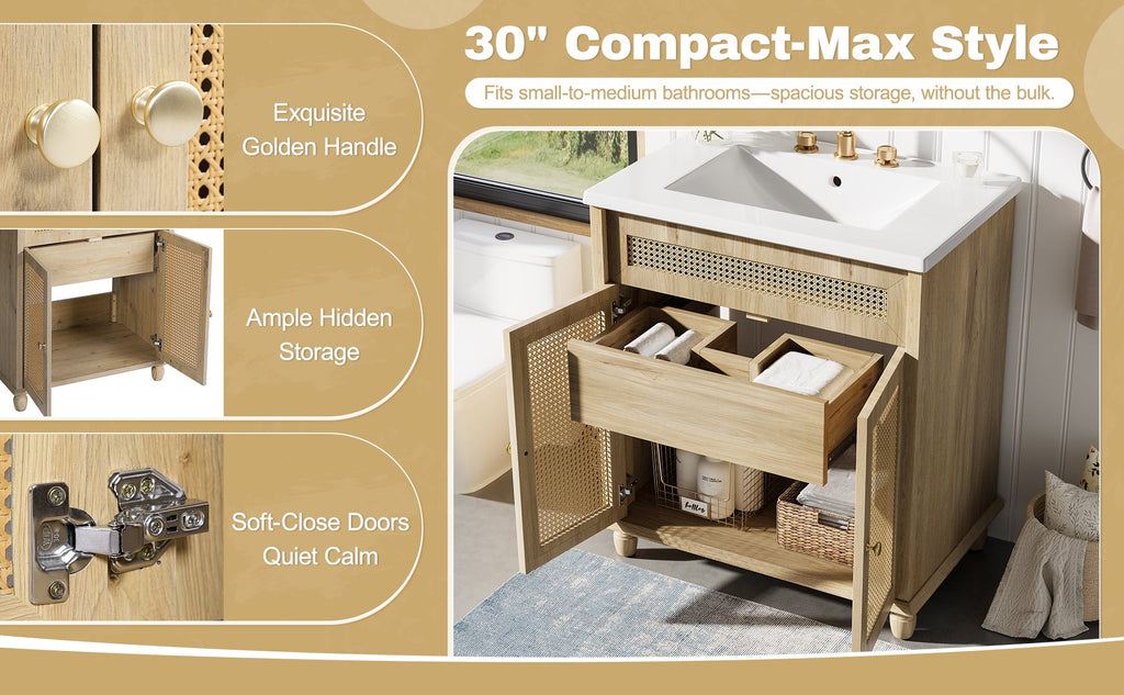 30-Inch Bathroom Vanity: Handwoven Rattan Doors, Solid Wood Legs & Resin Basin