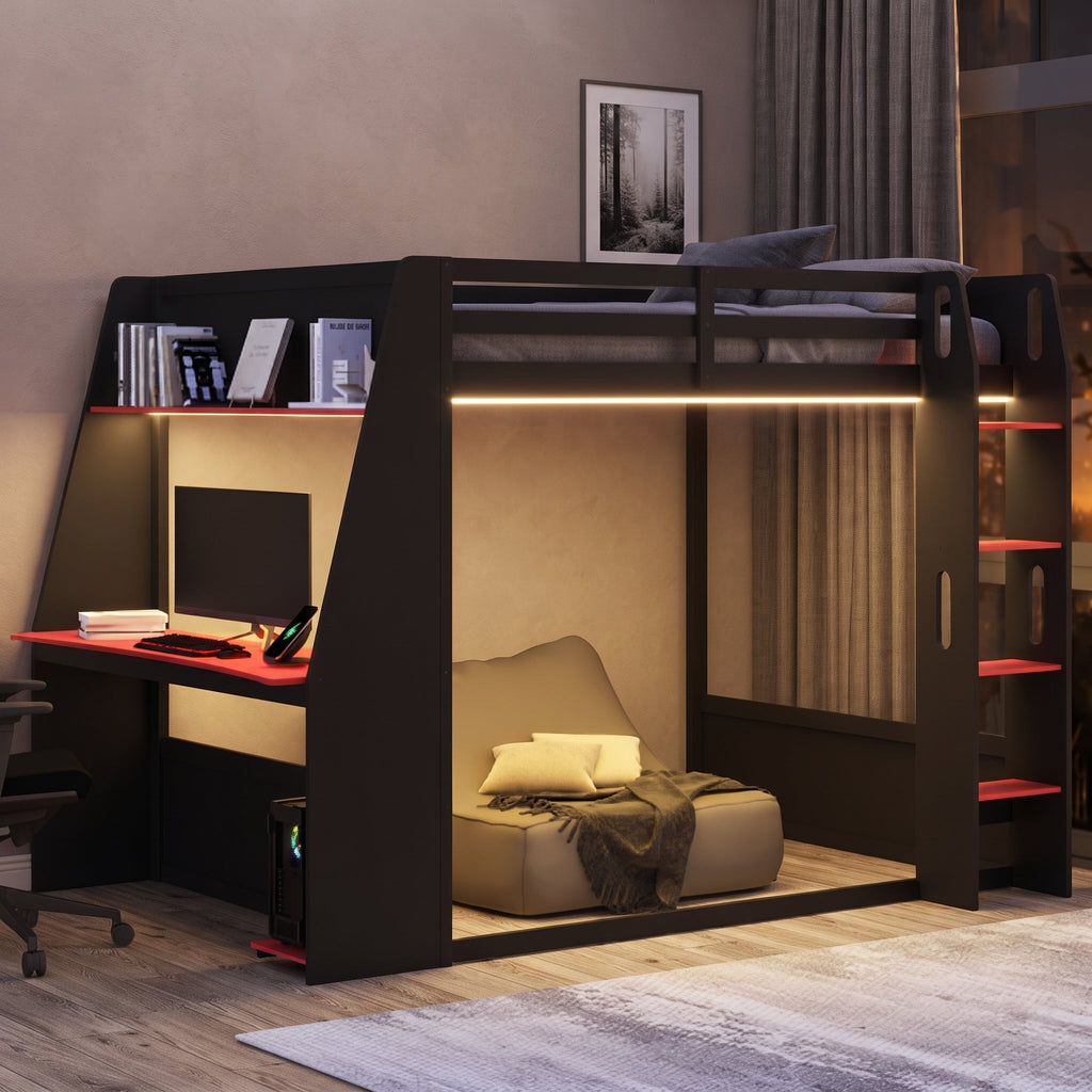 Full Size Wooden Gaming Bunk Bed with Desk and Storage