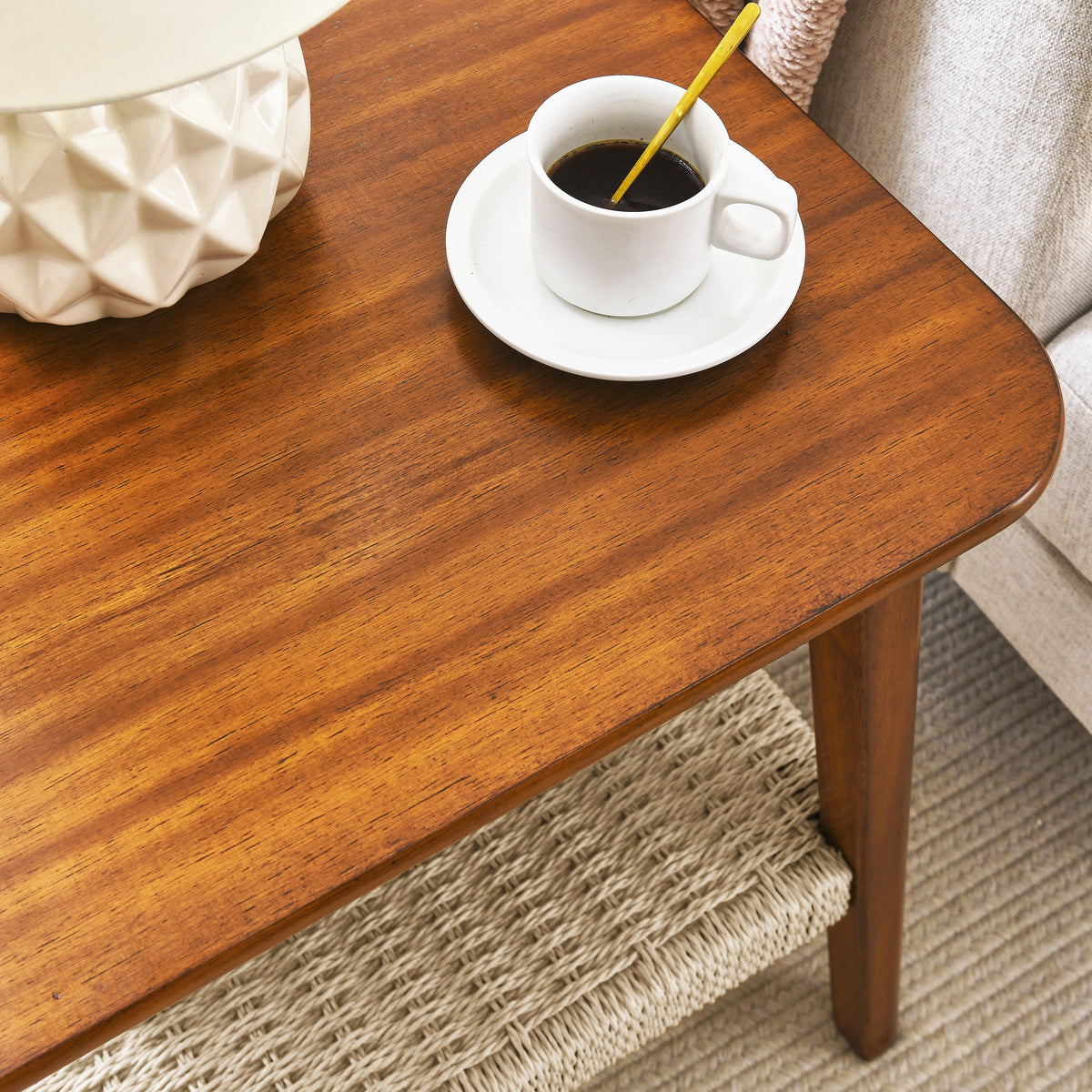 23" Mid-Century Side Table with Woven Shelf